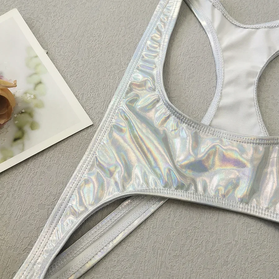 sexy metallic zilveren badpak uit één stuk uitgeholde rugloze bikini's badmode zwemkleding strandoutfits bodysuit biquini tankini