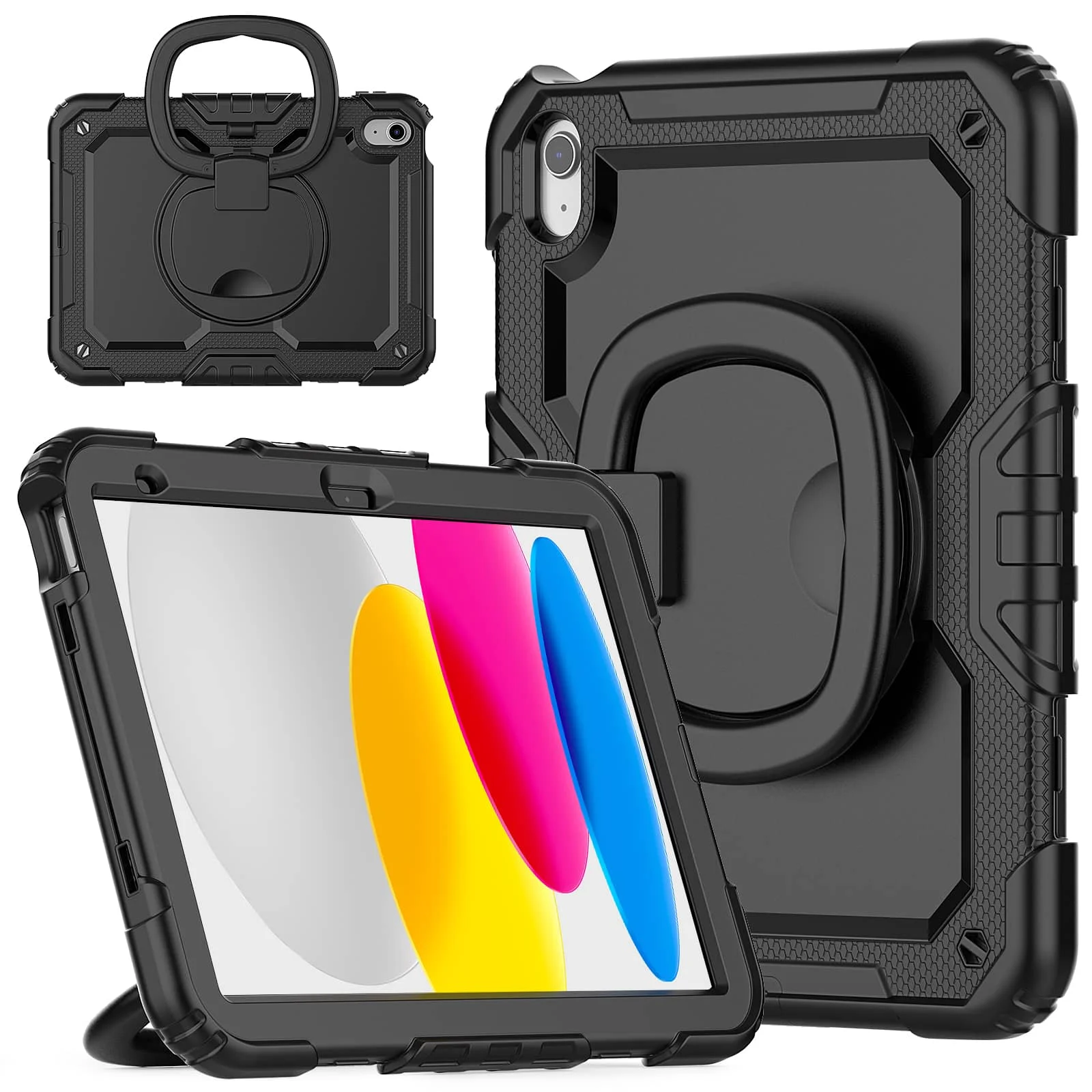 

for iPad 10th 10.9 2022, Military Grade Shockproof Protective Silicone Cover 360 Folding Handle Grip + Handle Shoulder Strap