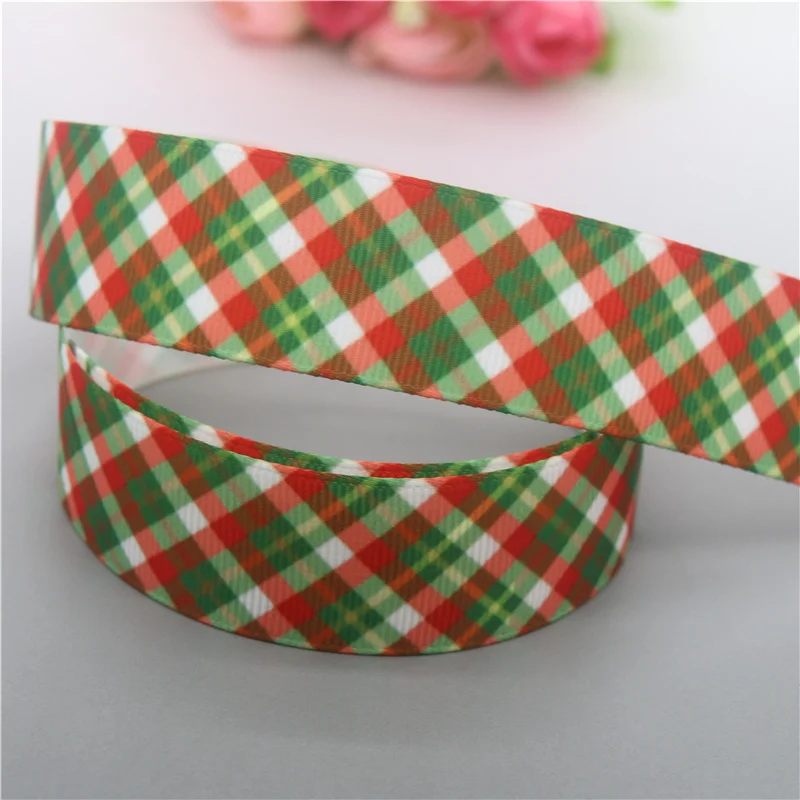 DHK 50yards Christmas Stripe Grid Printed Grosgrain Ribbon Accessories Material Headwear Decoration DIY Sewing Craft S1995