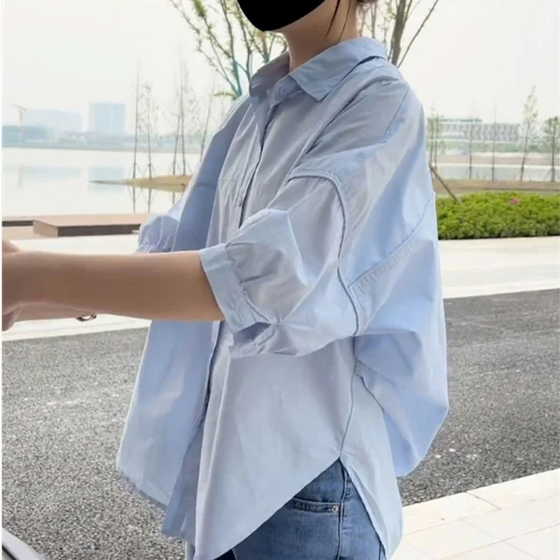 

Casual Loose Turn-Down Collar Shirt Women Summer Irregular Design Mid-Length Sleeve Blouse Korean Fashion Versatile Buttons Tops