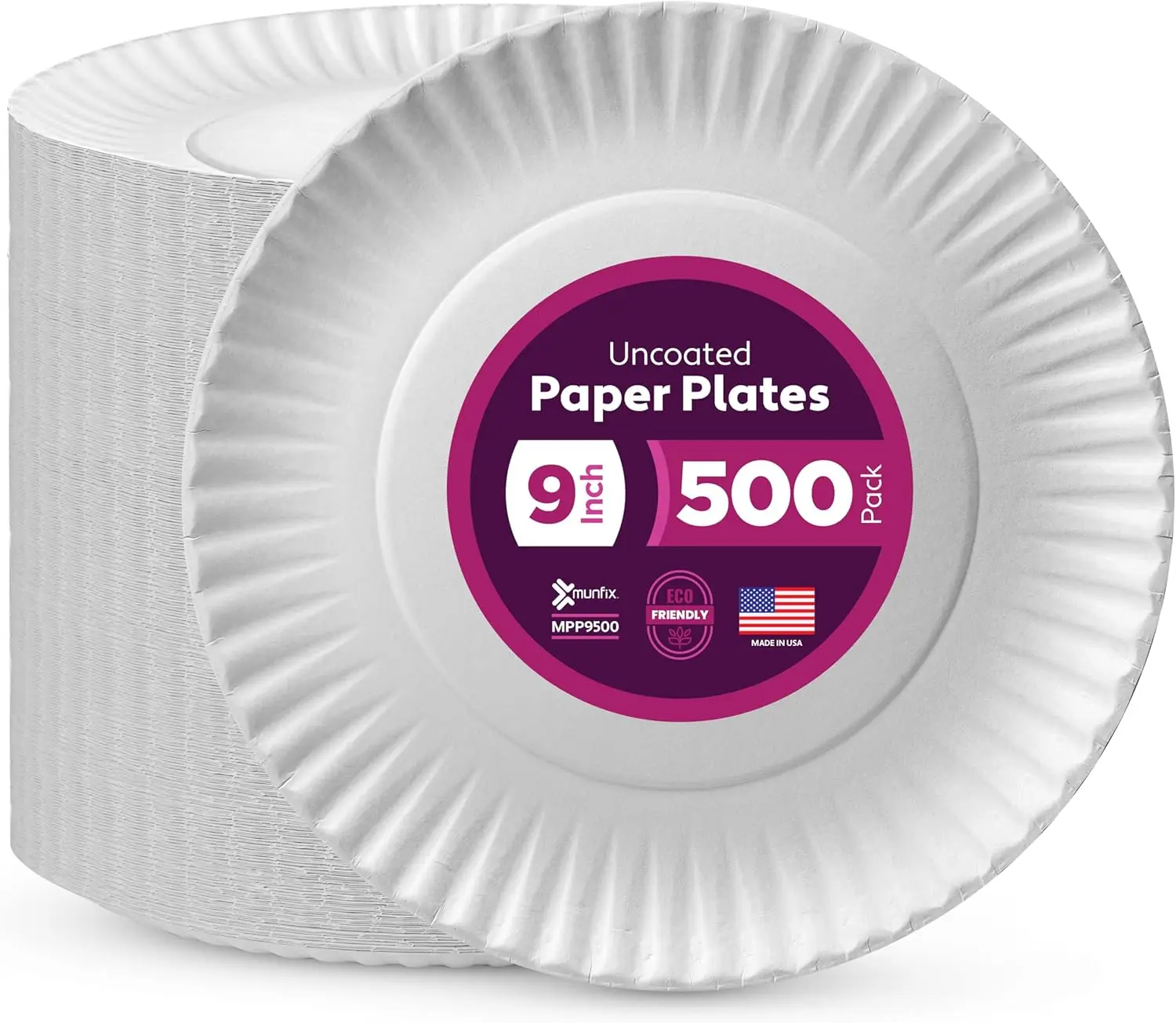 

500 Pack Uncoated Paper Plates 9 Inch, Everyday Disposable Plates, White Dinner Plates for BBQ Party