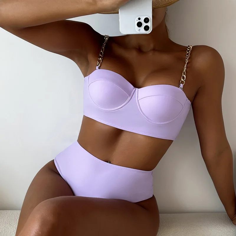 Bañador de dos piezas triangular para mujer, cintura alta con traje de baño Sexy de cadena de Metal, conjuntos de Bikinis ajustados de talla grande, traje de baño separado con Push-Up, 2024