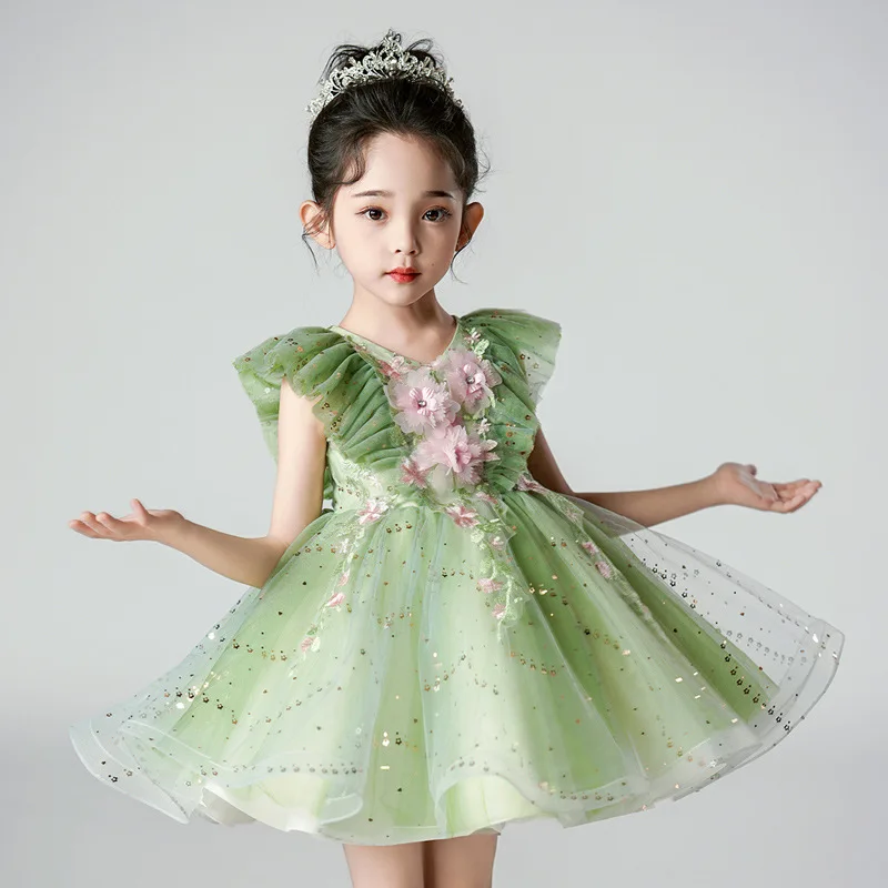 Youth Girls Green New Decal Mesh Flying Sequins Fluffy Skirt Children's Day School Stage Drama Performance Dress