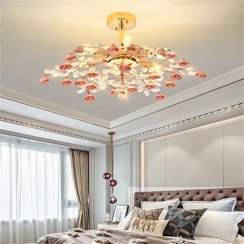 SOURA Creative Chandeliers Light Crystal Pendant Lamp Red Flower Branch Home LED Fixture for Living Dining Room