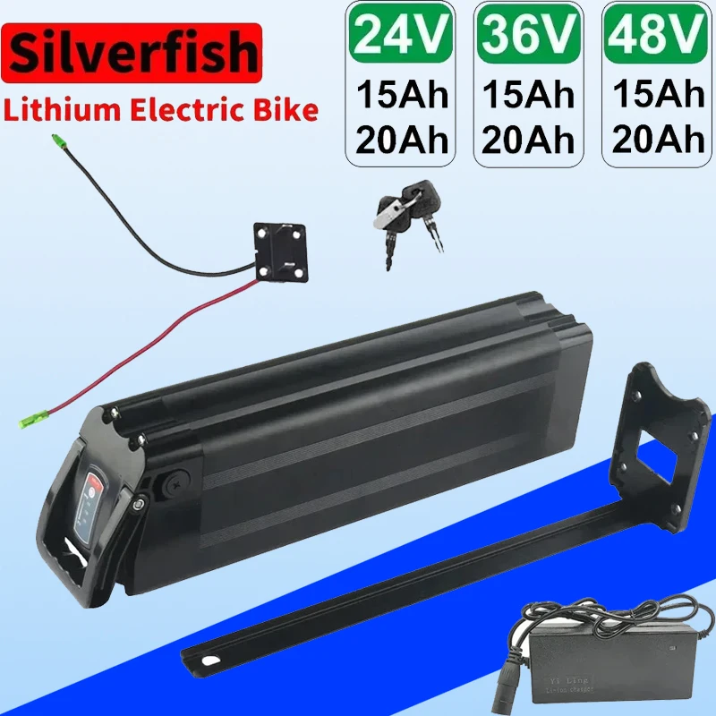 

Silver fish lithium 18650 battery pack+charger, suitable for lithium-ion electric bicycles 48V 36V 24V 15A 20A 800W 500W