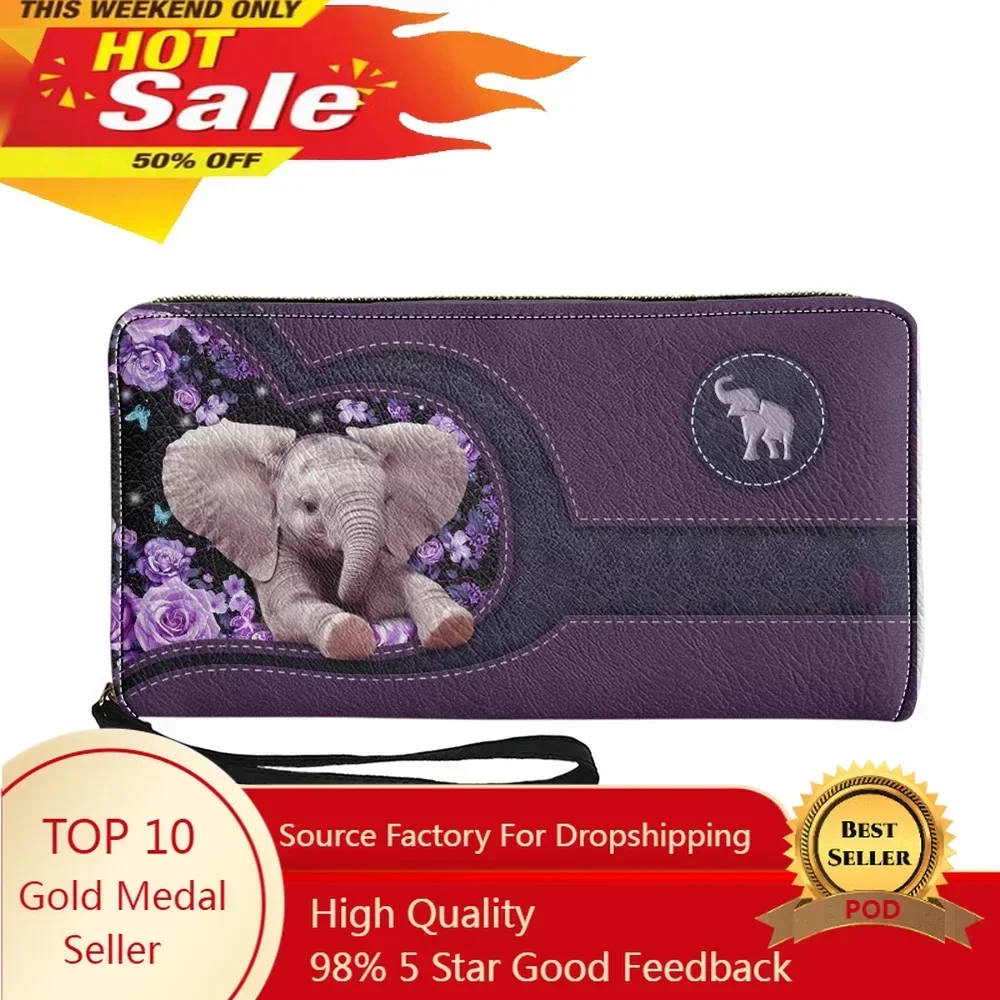 

Small Women's Leather Wallet Kawaii Long Coin Purses Credit Card Holder Cute Elephant Pattern Zipper Clutch Wallets Billetera