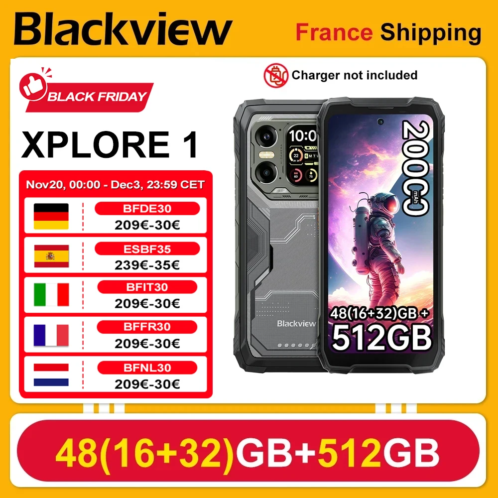 Blackview XPLORE 1 [Sans Chargeur UE] Smartphone Robusté 5G 20000mAh 45W 48(16+32) Go + 512 Go 6.78'' 2.4K Téléphone Mobile Android 15