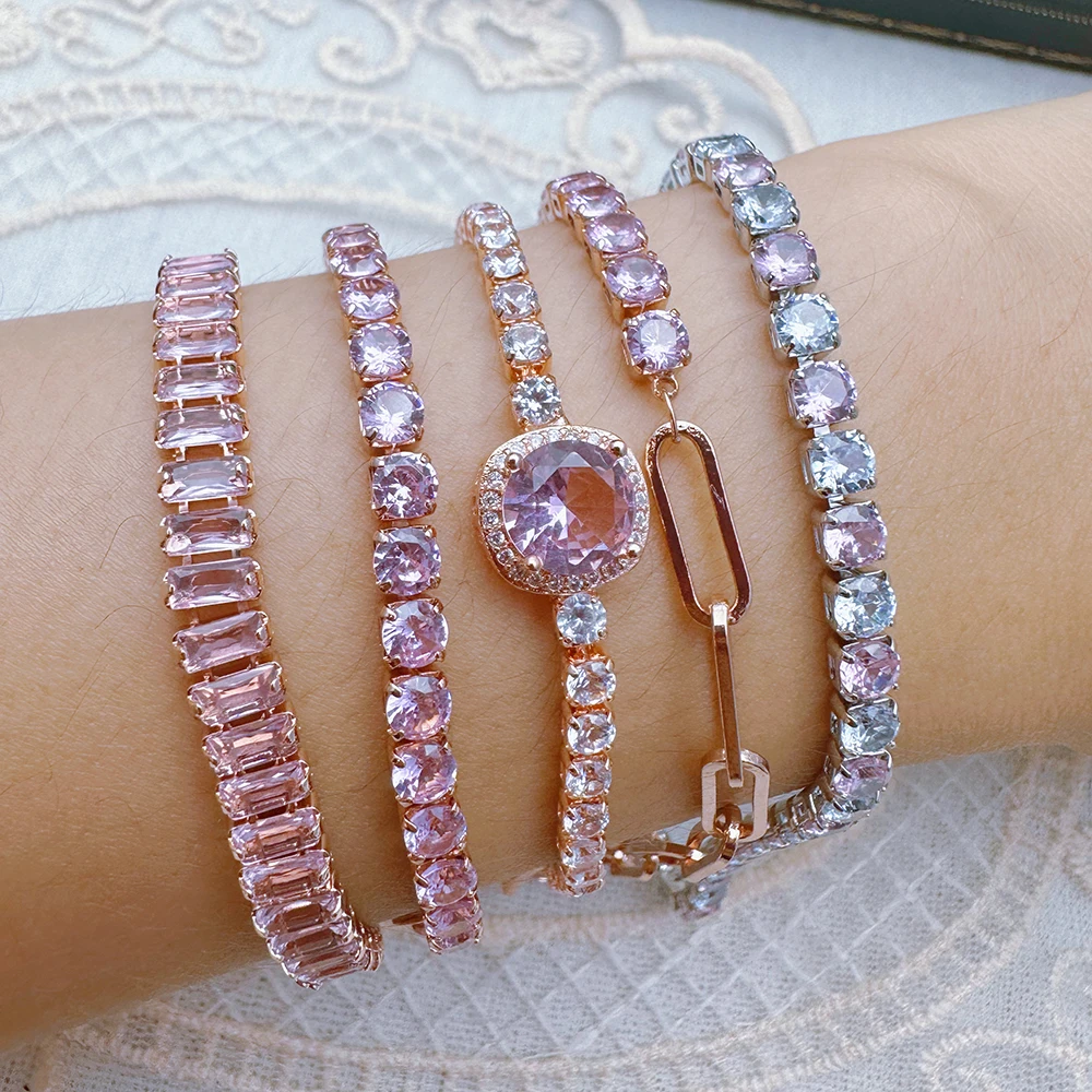 Rosa Handkette für Frauen Tennis-Armband Luxuriöses Glänzendes Kubisches Zirkonia Roségold-Farbiges Stern-Armband Y2k Rosa Armreif Weihnachtsgeschenk – Detail 4