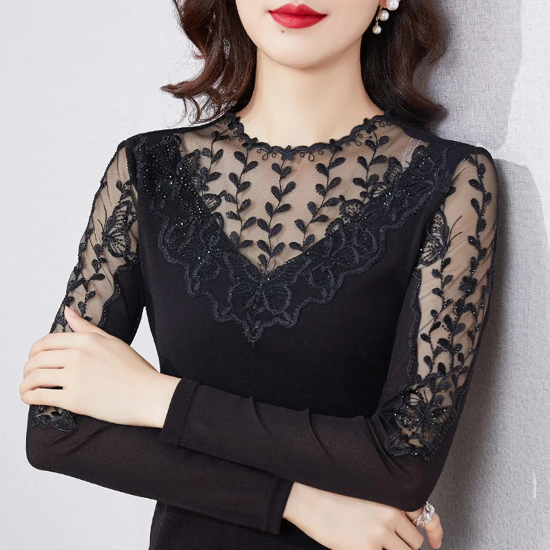 M-4XL SALE Women Shirt 2024 Autumn Long Sleeve Mesh T-Shirt Elegant Slim Hollow Out Embroidered Elasticity Lace Tee Tops