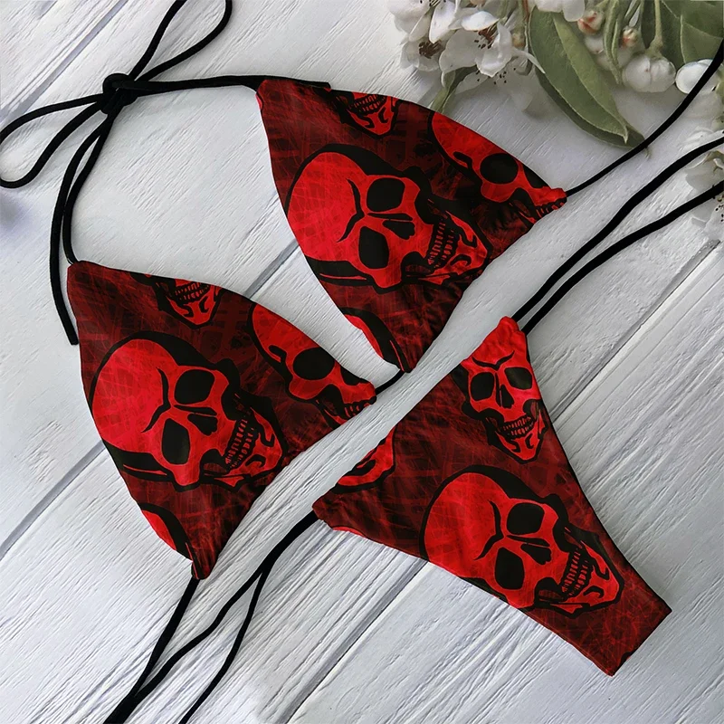 Women Backless Low Waist Sexy Skull Pattern Printed Swimsuit Beach Surfing Vacation Halloween Cosplay Fashion Bikini Set