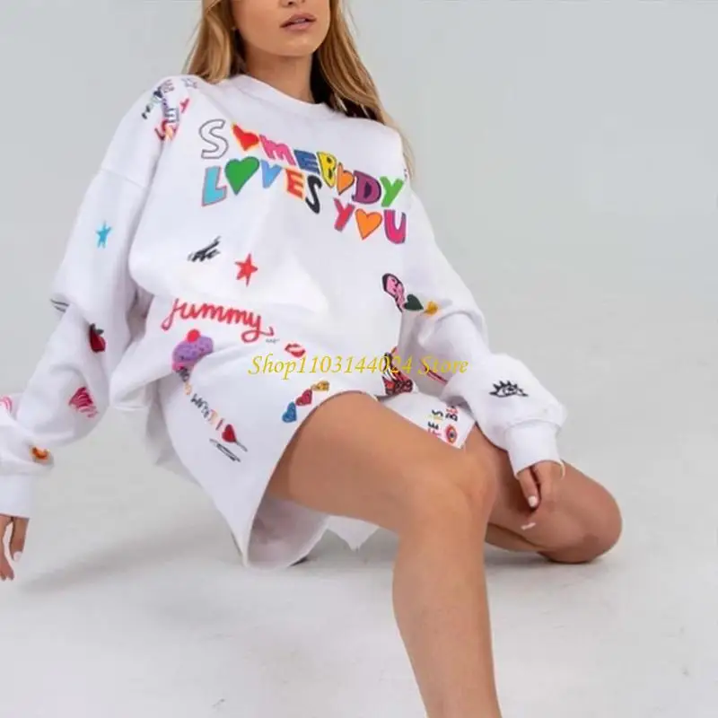 

N5KE Women Long Sleeve Crewneck Sweatshirt Harajuku Colorful Letters Graphic Graffiti Print T-Shirt Oversized Pullover Tops