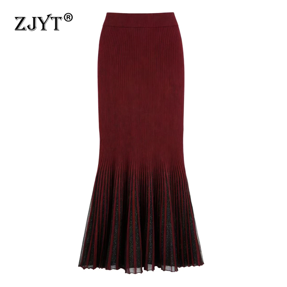 ZJYT Fall Winter Knitted Midi Skirts for Women 2026 Fashion Elastic Waist Trumpet Skirt for Party Female Faldas Woman Clothing