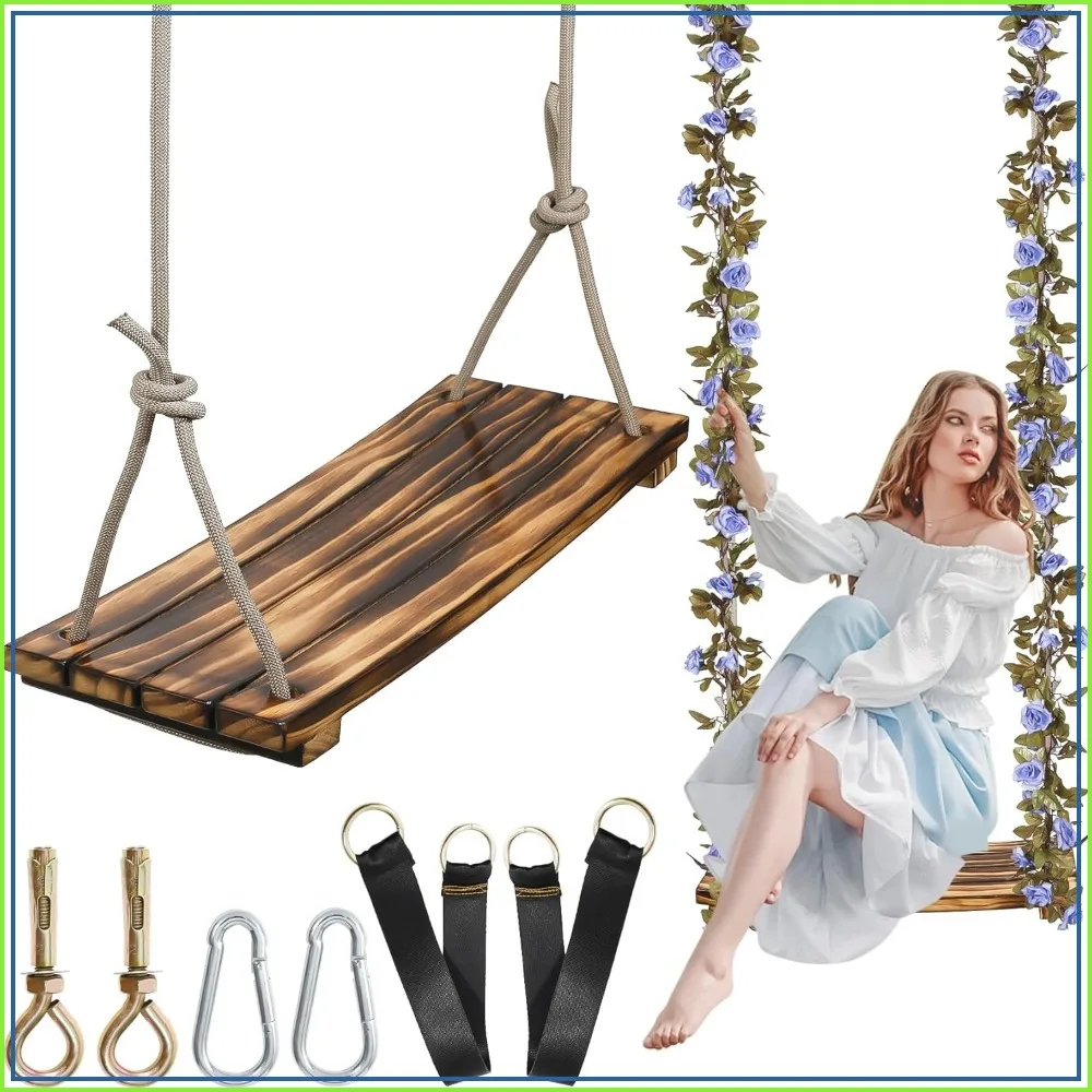 

Large Wooden Swing Seat, 24"x8", 500lbs Capacity, Adjustable Nylon Rope & Tree Straps, Indoor/Outdoor with Purple Floral Garland