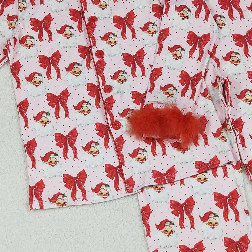 الكبار امرأة ملابس خاصة الفراء طويلة الأكمام زر أسفل سانتا الانحناء قميص مجموعة السراويل عيد الميلاد الزي النساء منامة الملابس بالجملة