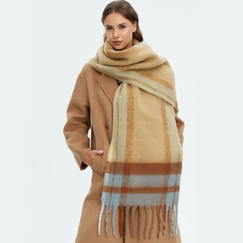 Classic Mohair Plaid Wool Scarf Long Thick Rainbow Tassel Shawl Imitation Cashmere Korean Style Warm Wraps Girl