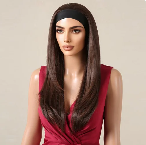 Brown Layered Synthetic Headband Wigs Smooth Straight Wig for Women Soft Heat Resistant Fiber for Daily Party Wigs