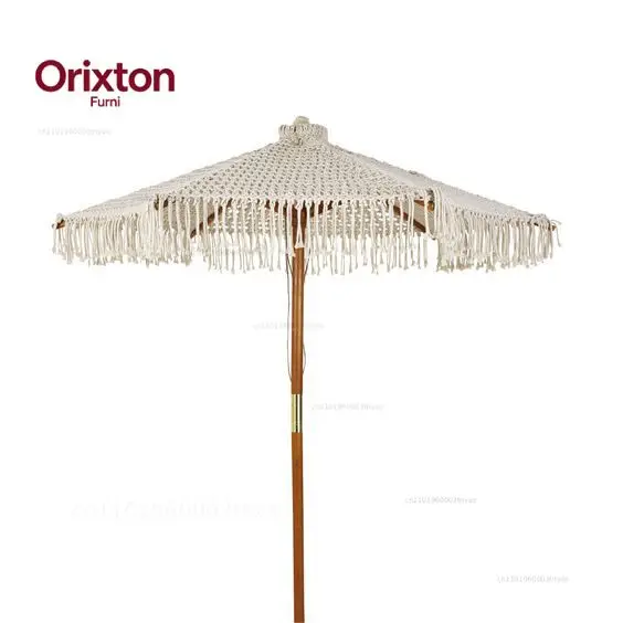 250cm Diameter Umbrella Custom Wood Grain Aluminum Center Pole Beach Umbrella with Handmade Tassels & Macrame Fringe Canopy