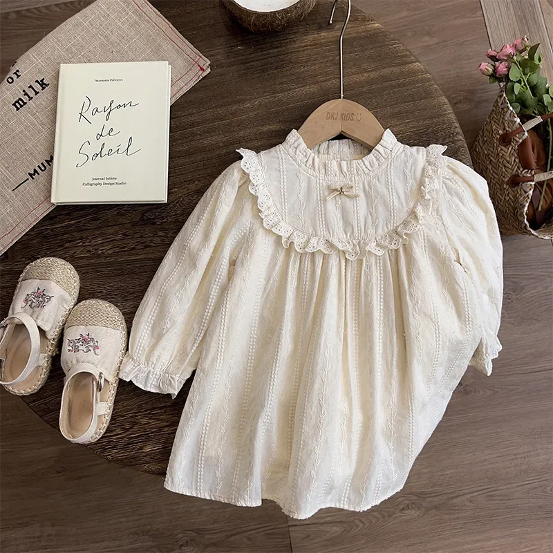Bowknot Nylon Lace Embroidered Flower Half High Collar Cut-out Princess Dress Autumn Dress Kids Dresses for Girls  Kids