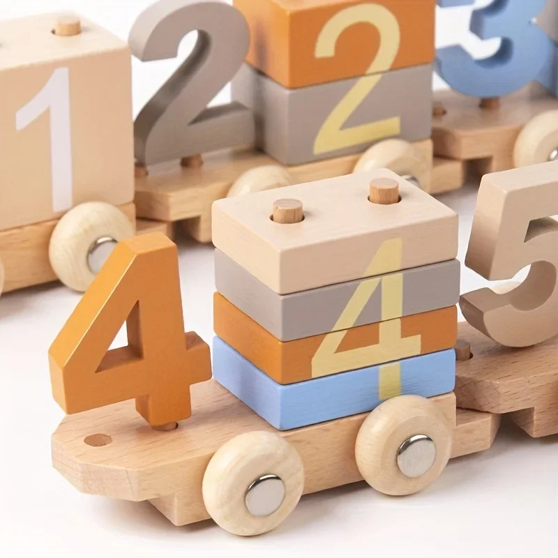 Wooden Number Train Toys, Geometric Shape and Color Recognition Early Learning Toys, Ideal for Parent-child Activities and Gifts