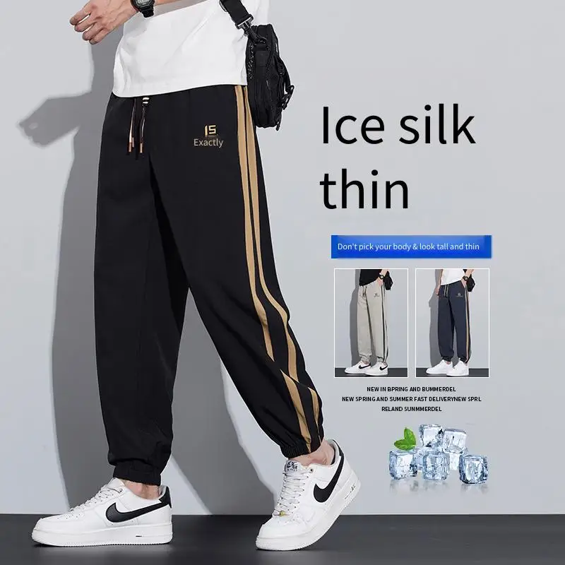

Ice Silk New Pants Men's Jeans for Man Sports Loose Stripe Sweatshirt Pants Male Y2k Clothes Man Clothing Sport Baggy Sweatpants