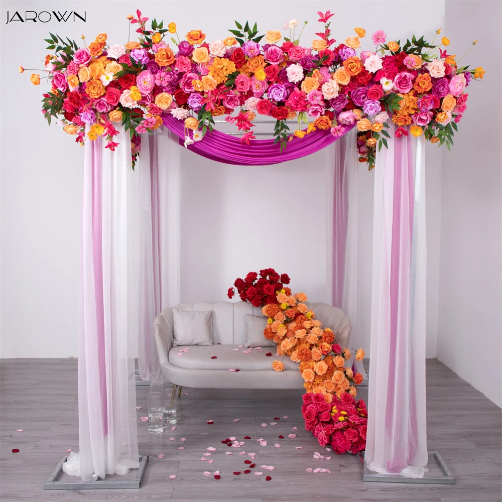 

Luxury Artificial Flower Runner Event Backdrop Decor Red Orange Rose Floral Arrangement Wedding Supplies Party Ceremony Props