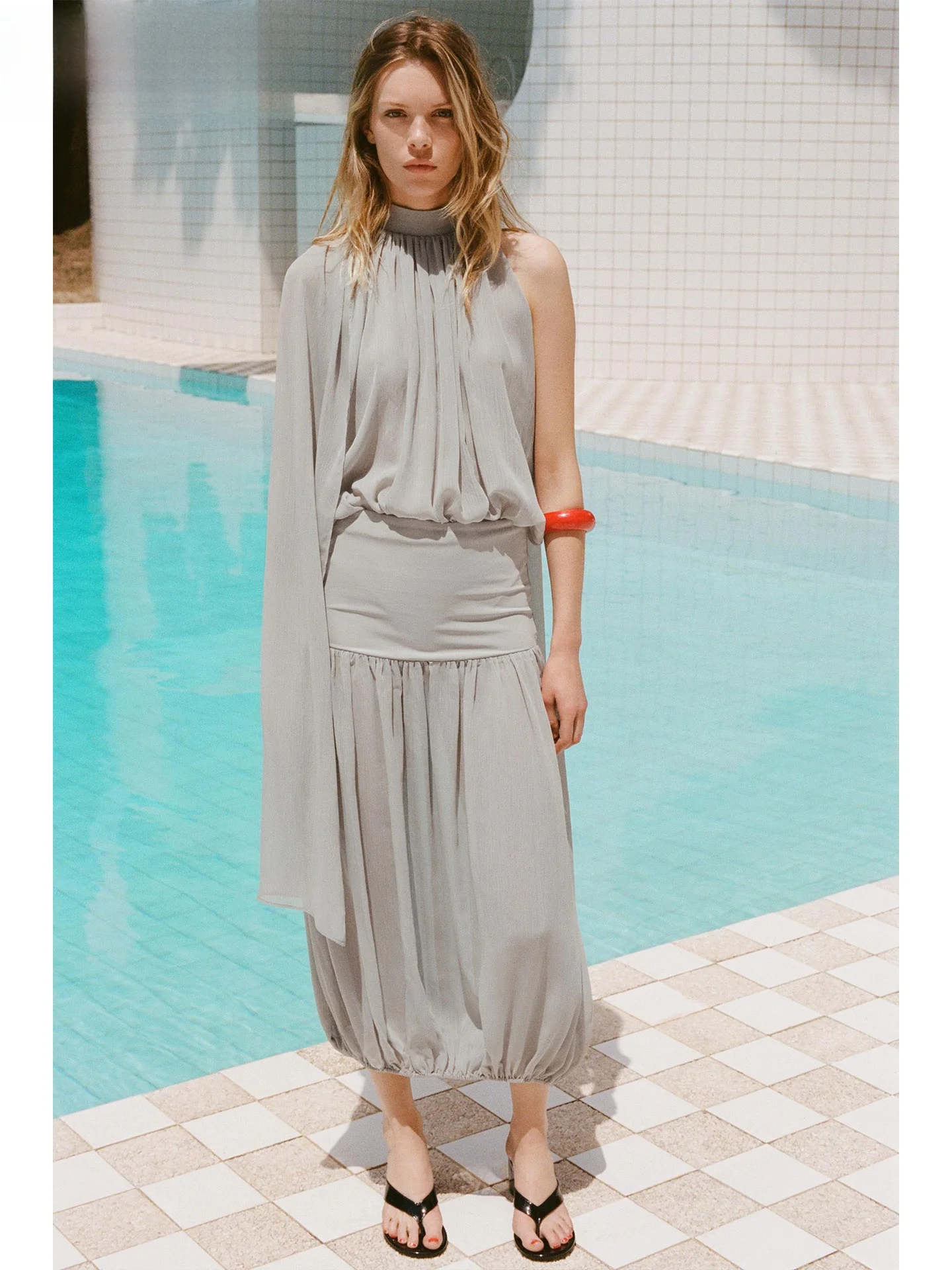 

ZAPRHA 2025 Summer Faion Balloon Sle Splicing High Waist Midi Skirt Women's Casual Other Material 50% Other 50%