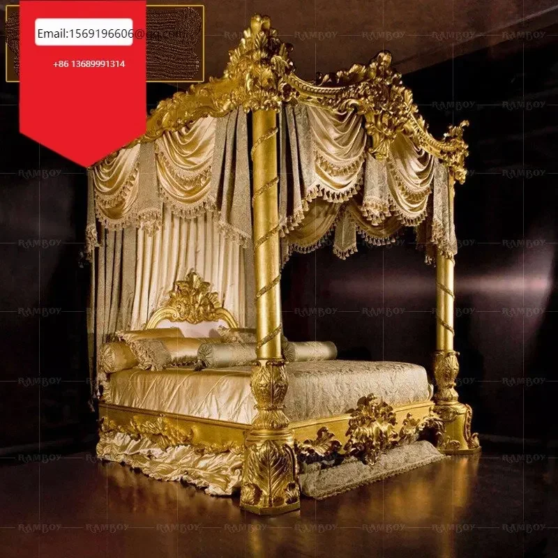 

European court prince bed villa bedroom princess wedding bed Italy solid wood gold foil shelf curtain bed