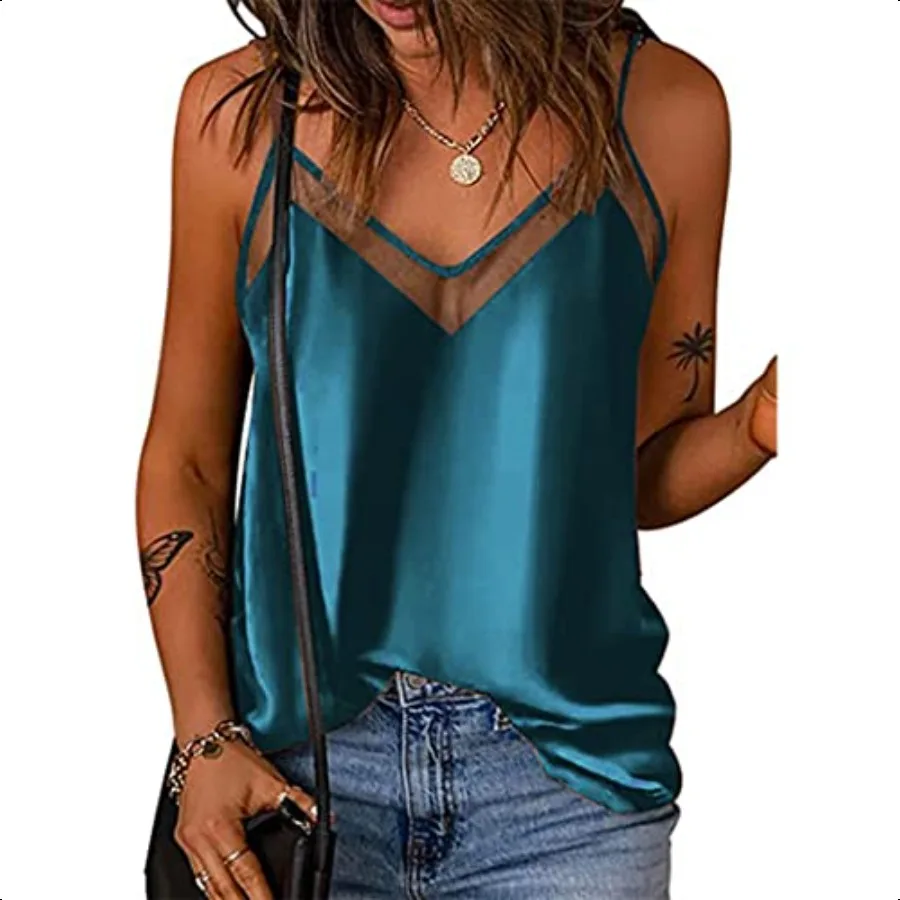 

Ekouaer Silk Tank Top for Women Mesh V Neck Satin Camisole Silky Sleevel Tank Cami Shirt