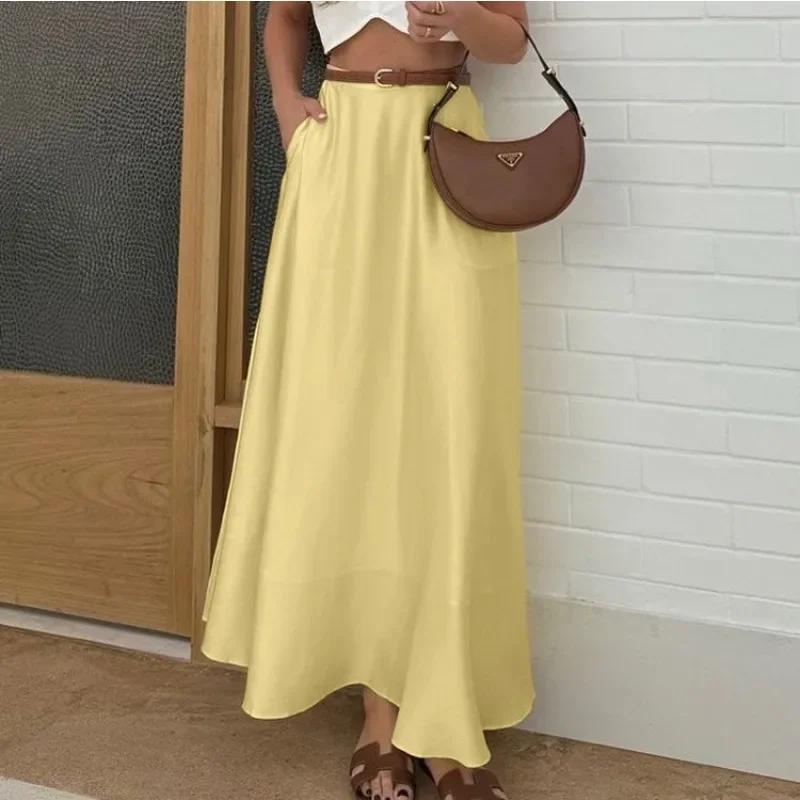 

Cocktail Party Long Skirts Elegant Women Long Fashion High Waist A-Line Satin Skirts with Pockets