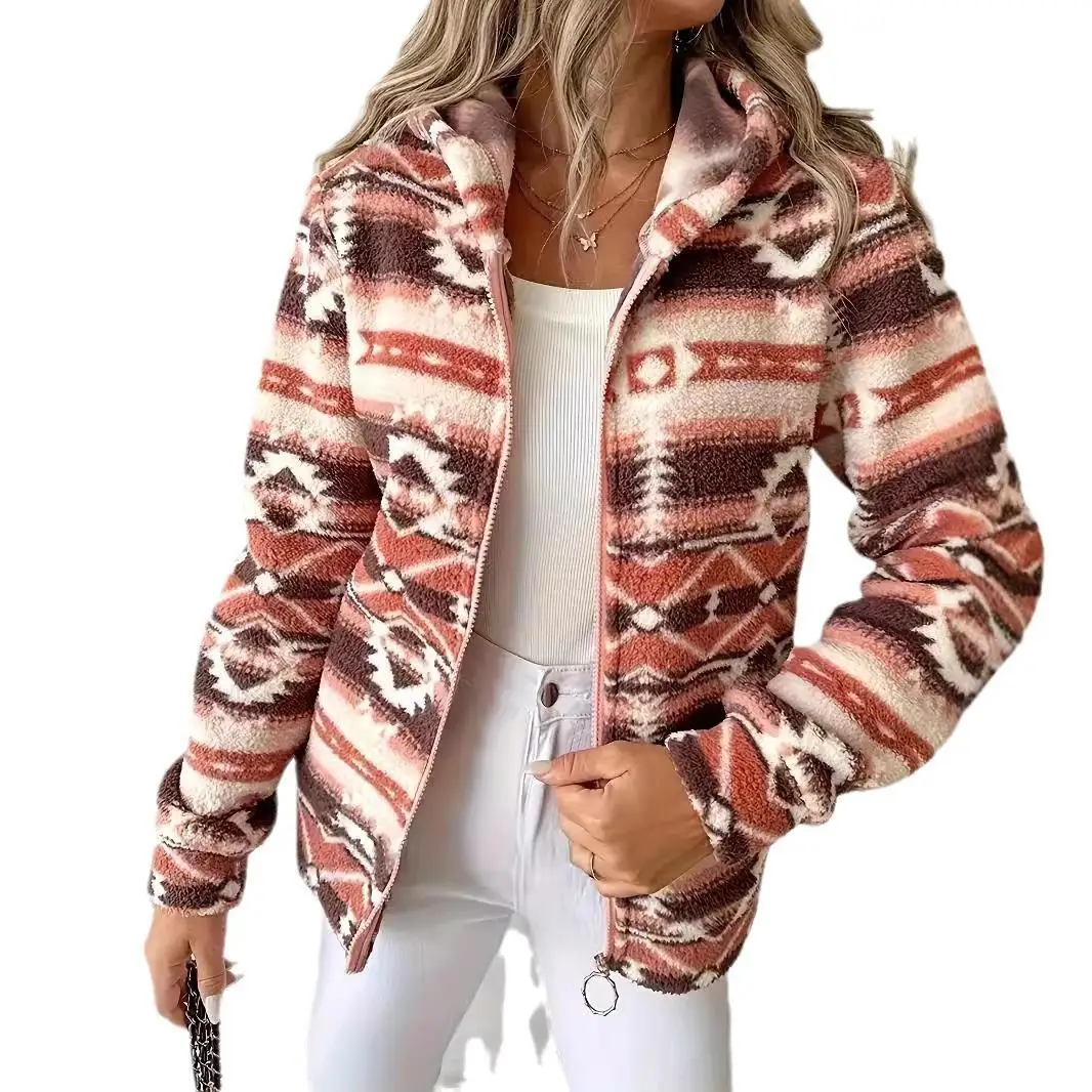 Cerniera con cappuccio stampata con motivo geometrico da donna di grandi dimensioni Thiened Long Sve Regular Fit Fibra di poliestere Autunno Jaet