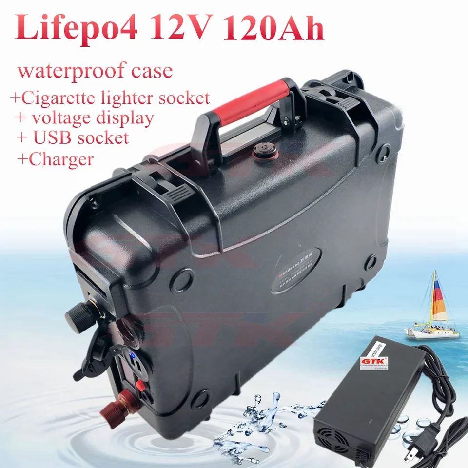 battery pack with cigarette lighter socket 12V 120AH 100Ah lifepo4 Battery Pack lithium 100A BMS for Boat trolling  outboard Motor RV Yacht Cigarette lighter + 10A charger