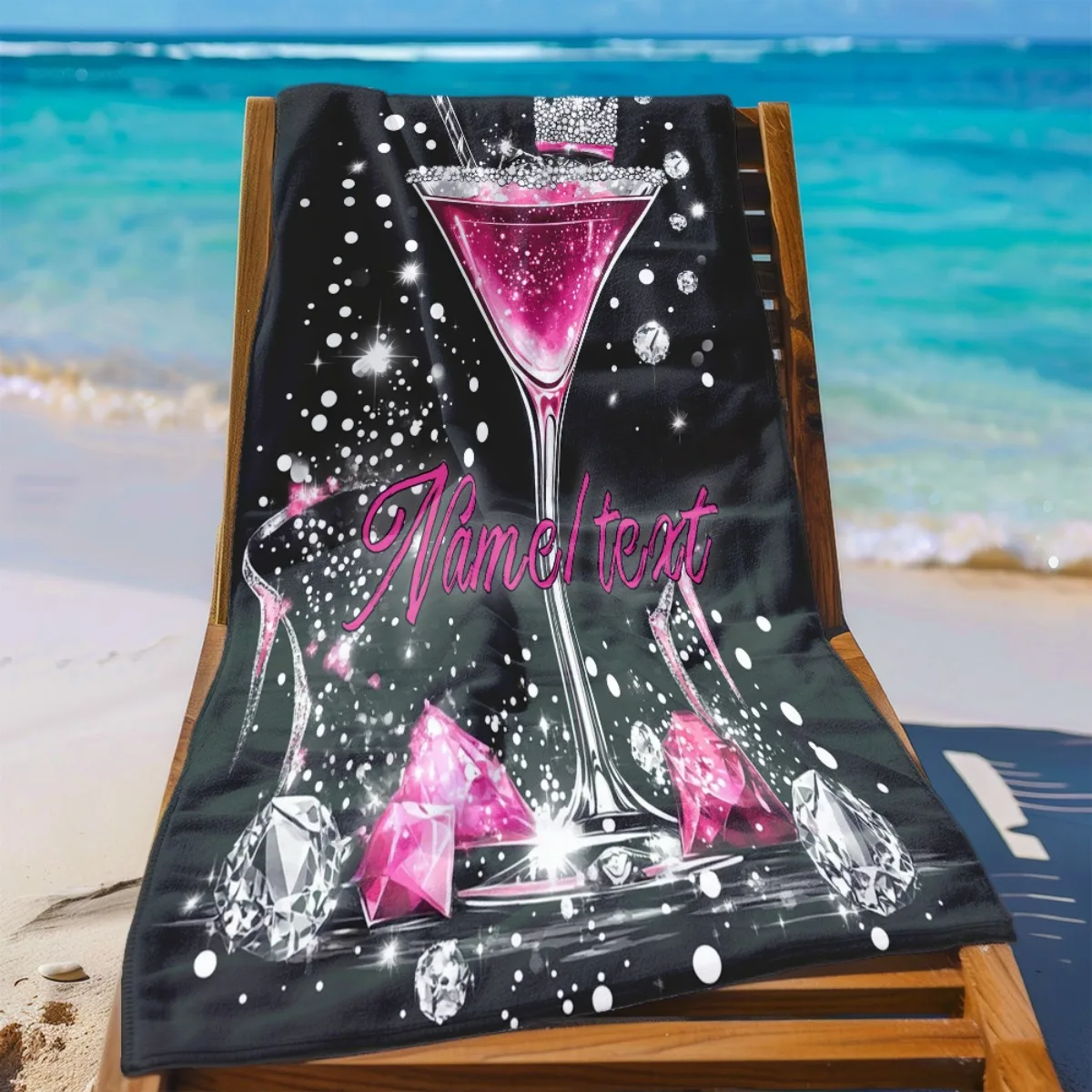 Custom Diamond Martini Beach Towel Personalized Name Microfiber Bath Towel Sparkle Bling Summer Swimming Pool Accessories Gift