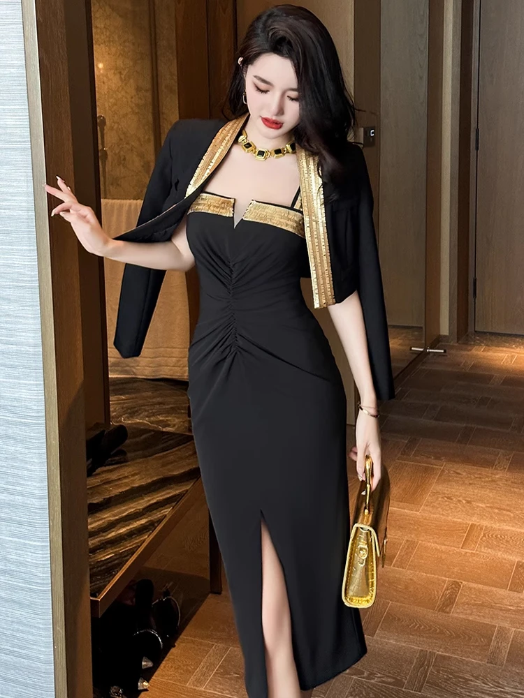 Neue klassische Vintage Ballkleid Frauen elegante schwarze Camis Gold Pailletten rücken freie Falten Schlitz Robe Mädchen Slip Kleid Party Club Vestidos