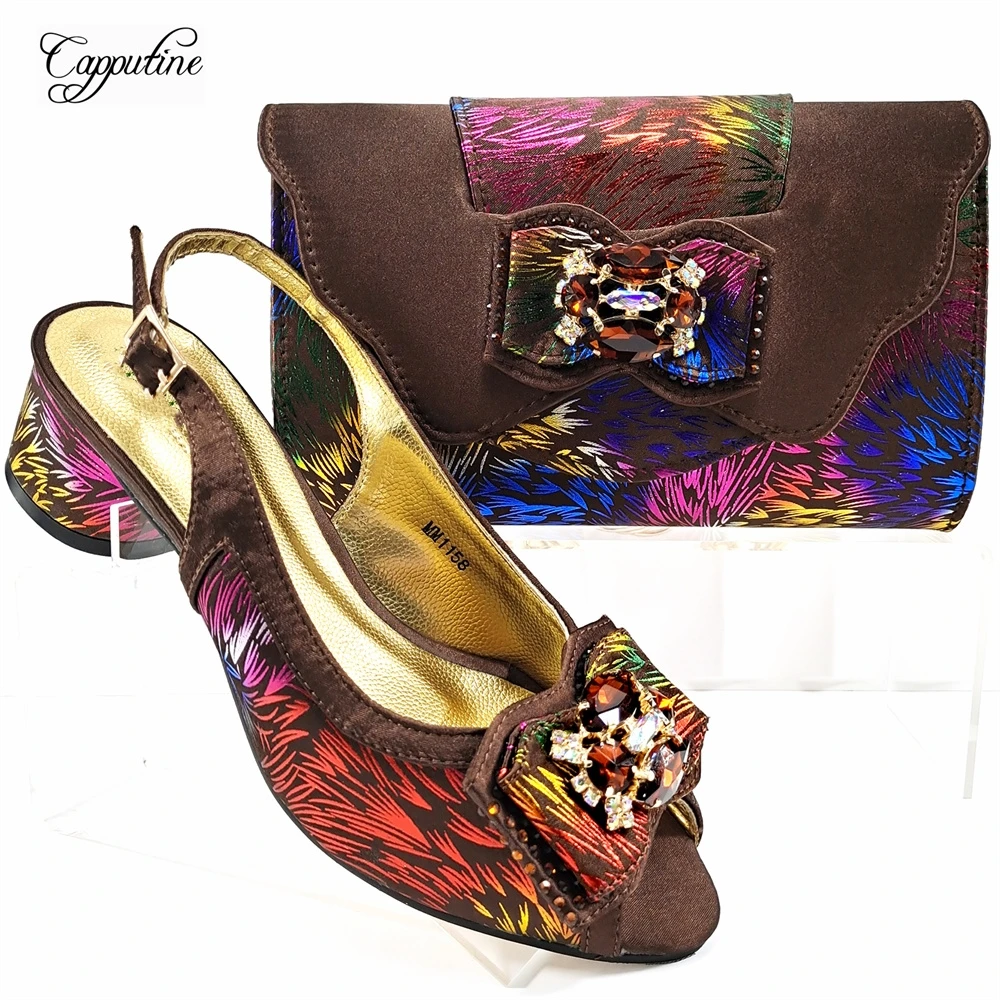 Coffee Women Shoes And Bag Set Fashion African Ladies High Heels Sandals Match With Handbag Pumps Clutch Femmes Sandales MM1158