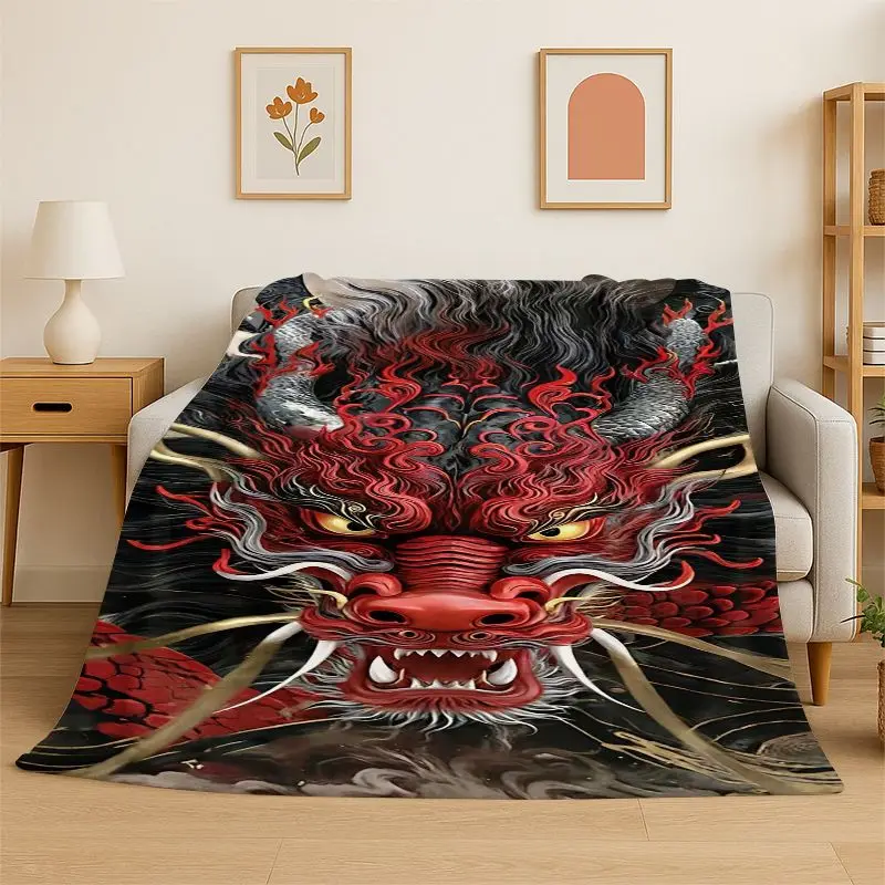 Dragon China Loong Cartoon Flannel Blanket Soft Throw Blanket for Bedroom Living Room Bed Travel Camping Picnic Nap Cover Gift