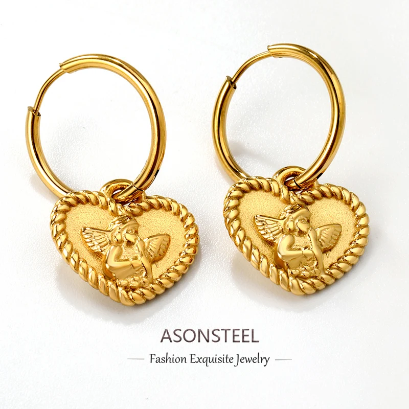 

ASONSTEEL модные серьги-капли из нержавеющей стали 316L в форме сердца и ангела, золотые серьги-подвески для женщин, висячие серьги, ювелирные изделия, подарок, женские романтические