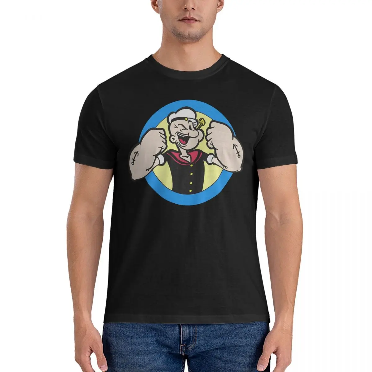 Men Stronger T Shirt P-Popeye Pure Cotton Tops Vintage Short Sleeve Crew Neck Tees Printed T-Shirts