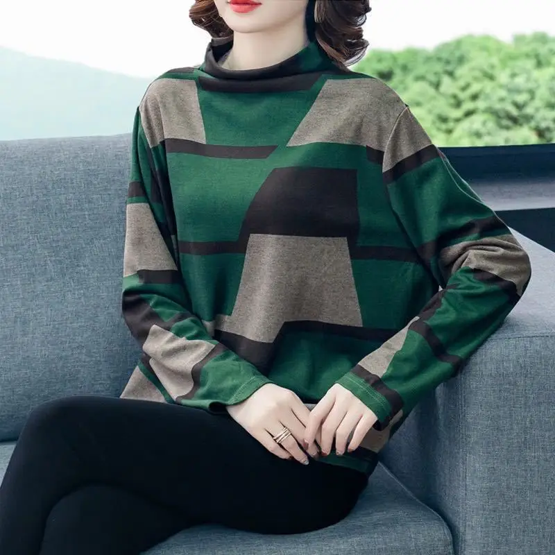 Autumn Winter Casual Folk Printed T-shirt Women's Clothing Turtleneck Elegant Spliced Vintage Long Sleeve All-match Pullovers