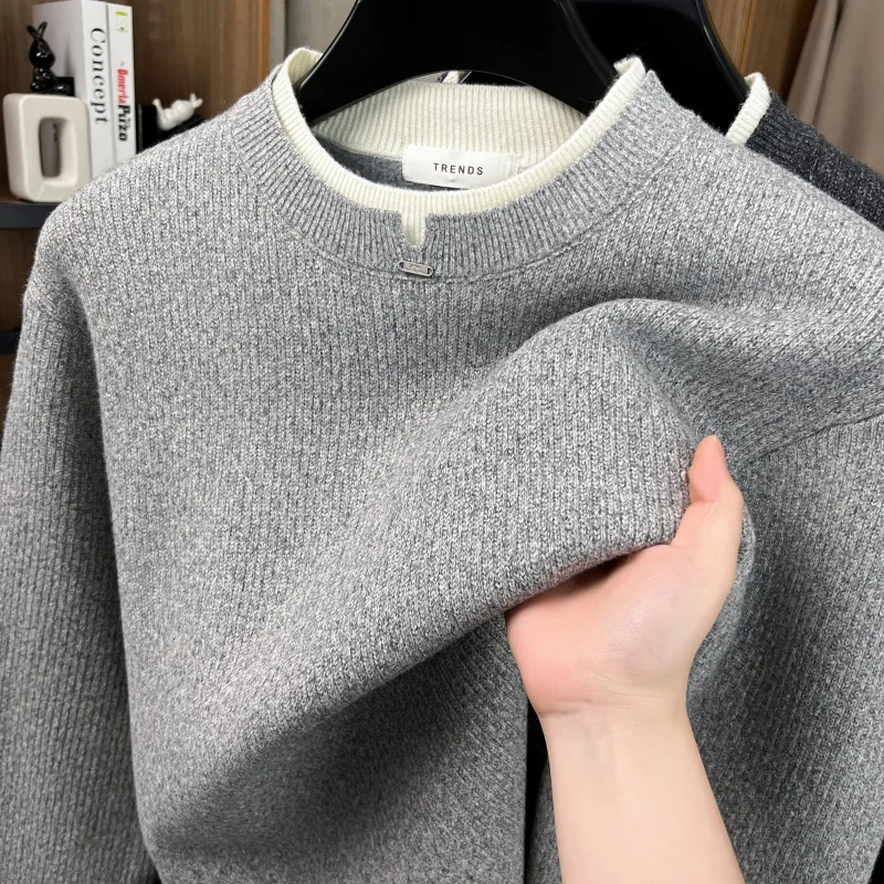 الرجال الخريف جودة عالية طويلة الأكمام سترة الجولة الرقبة نموذج جديد متماسكة كاذبة قطعتين الأعمال الترفيه الاتجاه ملابس للرجال