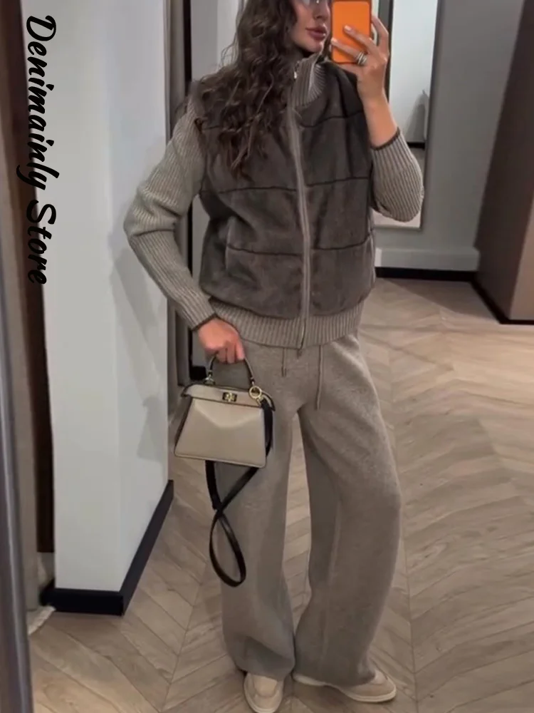 Elegant Faux Fur Twill Patchwork Knit Coat Women high Collar Zipper Full Sleeve Thick Jackets 2025 Winter Outwear 2026Spring New