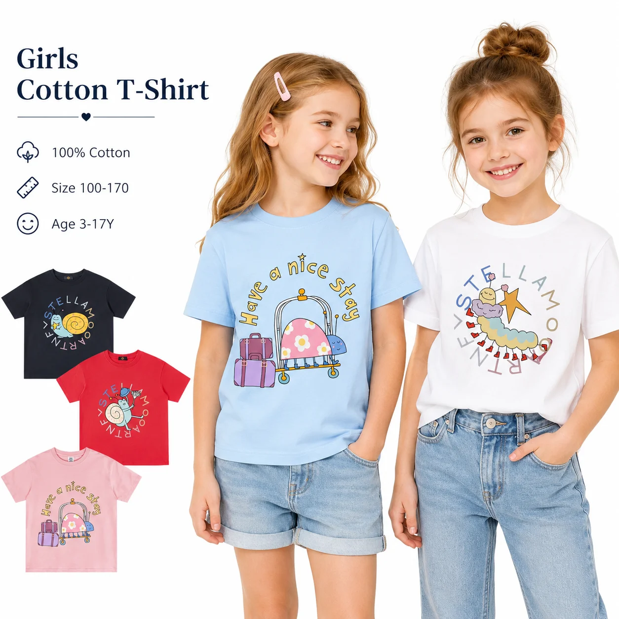 Cute Sweet Girl Children's T-shirt summer new cartoon anime kids clothes tees %100 cotton fashion teenage girl short sleeves top