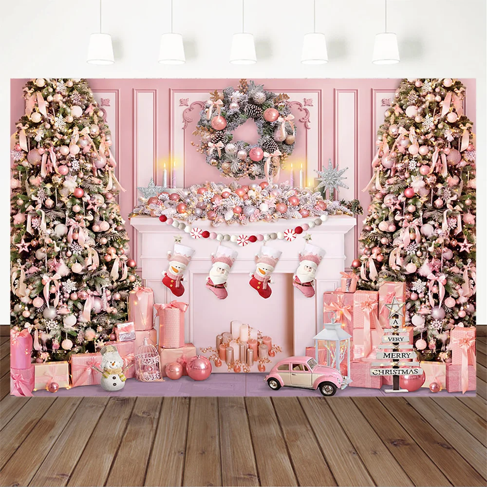 Pink Fantasy Christmas Background Photography Fireplace Xmas Tree Wreath Girl Birthday Gift Decoration Backdrop Studio Photograp