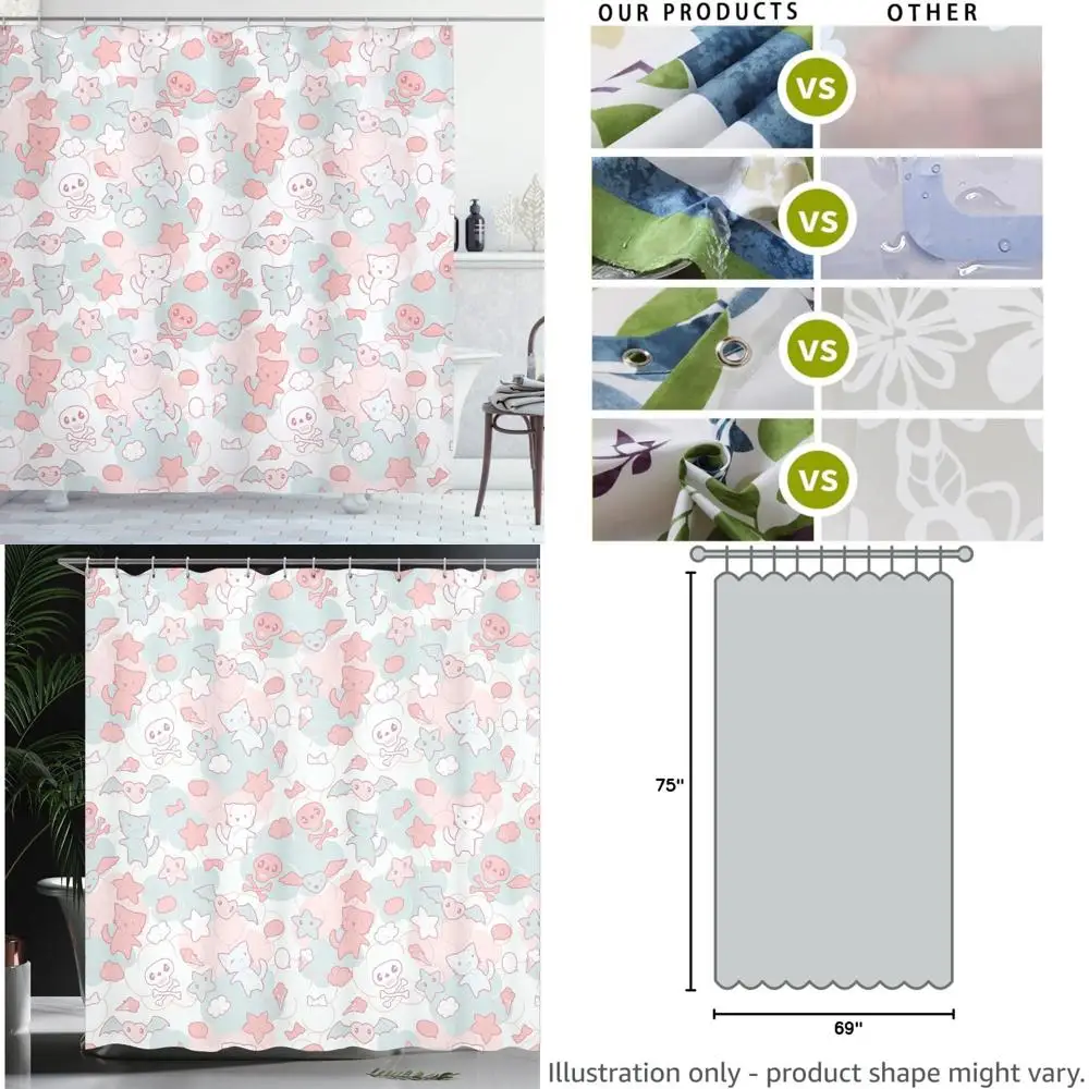 

japanese-inspired kawaii shower curtain: cute cats, bats, and skulls on fabric bathroom decor set