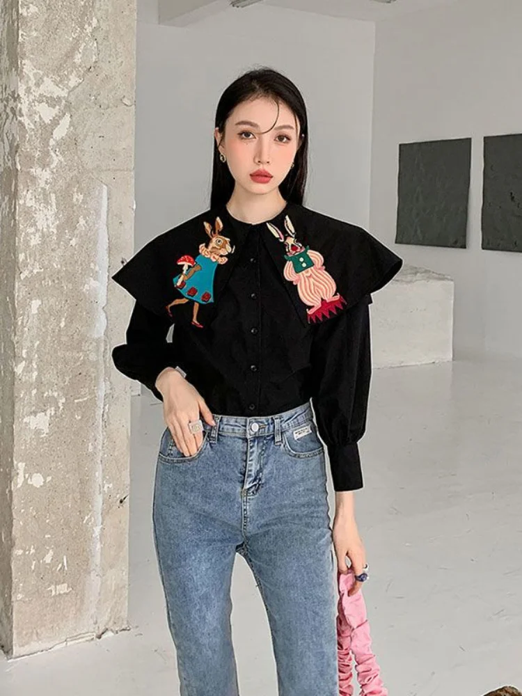 Woherb turn down Vintage Cartoon Rabbit Embroidery Japanese Style Blouse Women Casual Loose Black Shirts 2024 chic Cute Blusas