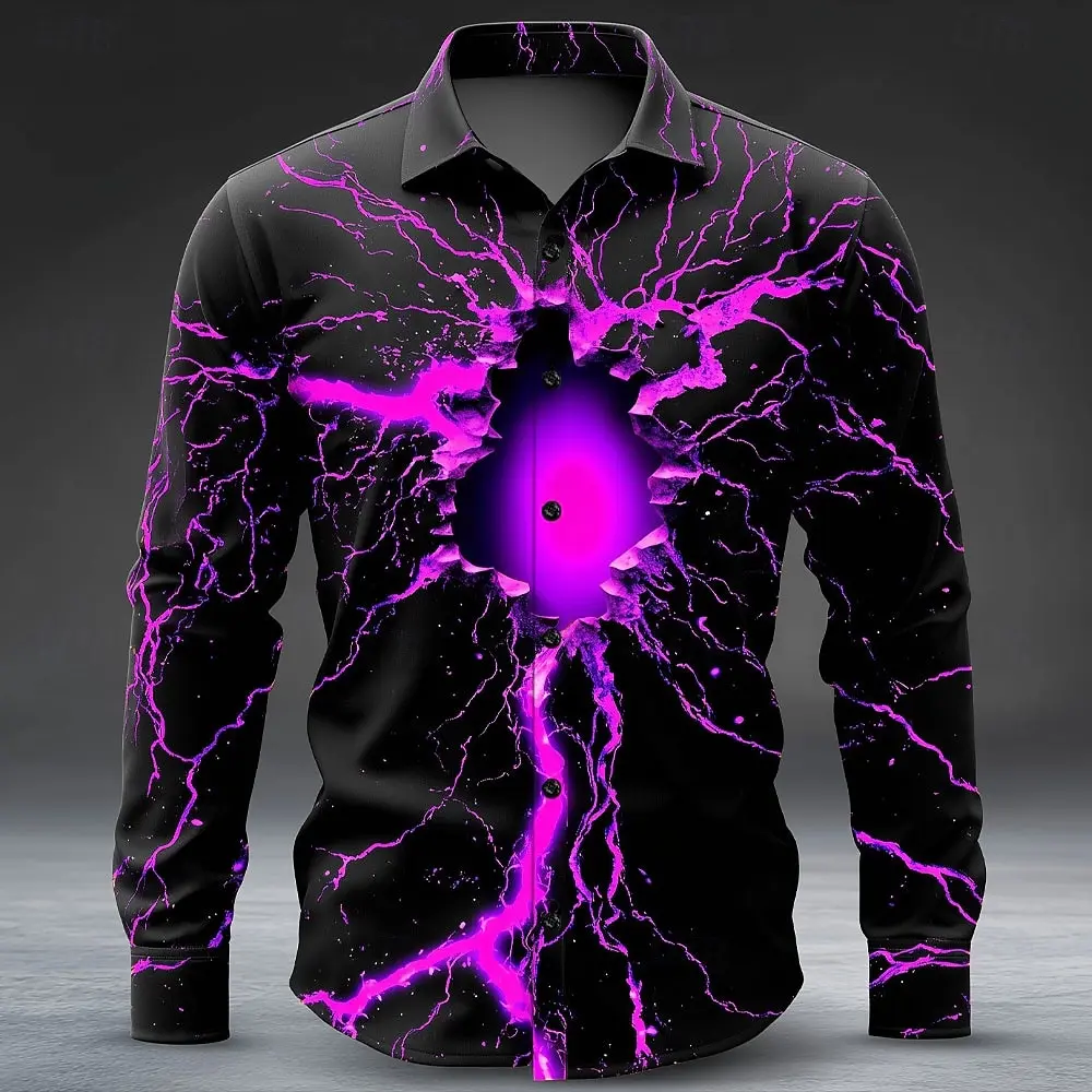 Halloween Costumes Men's Optical Illusion Lightning Shirts Button Up Shirts Long Sleeve Casual Outdoor 3D Print Collared Shirt
