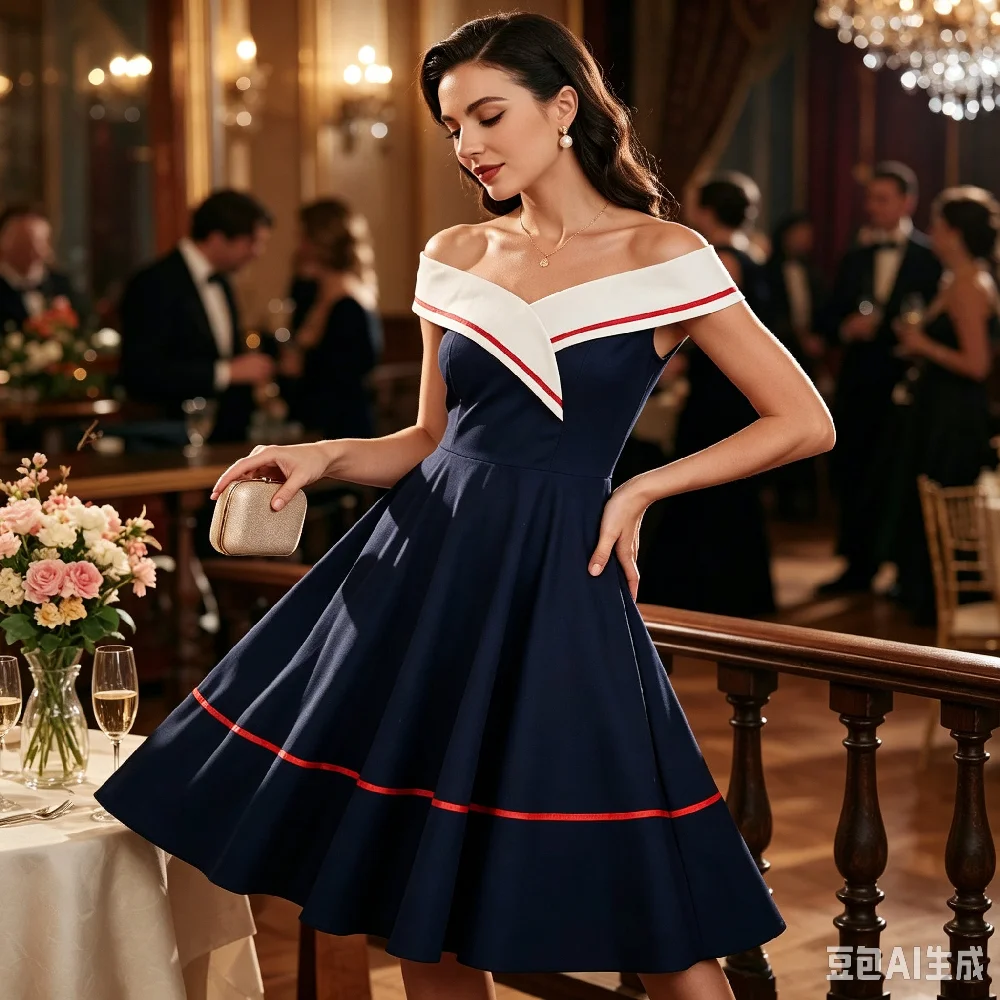 Retro Off Shoulder Swing Midi Party Banquet Dress Women Sailor Collar 50s Vintage High Waist A‑line Evening Cocktail Dresses