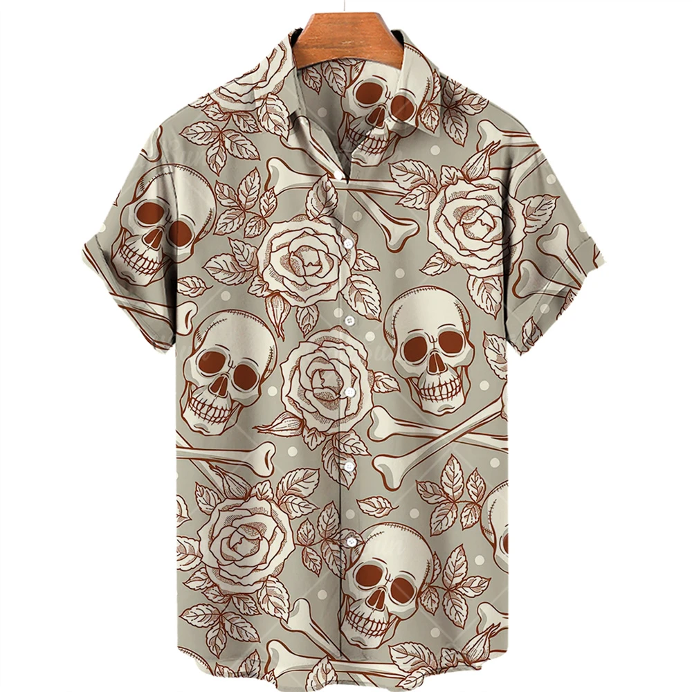 Men\'s Short Sleeve Hawaiian Shirt One Button Shirt 3D Skull Print Casual Breathable Beach Shirt Plus Size 5XL