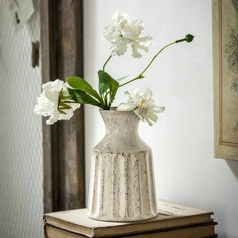 Retro Classical Ceramic Flower Vases Nordic Modern Worn-out Sesame Glaze Vase Relief Closure Plant Dots Living Room Decoration