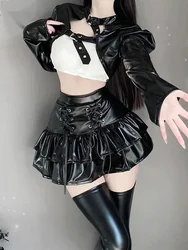 Sexy Anime Patent Leather Long Sleeved Top Clothes Pleated Leather Bilayer Short Skirt Two Piece Outfits For Women Summer 8KG0