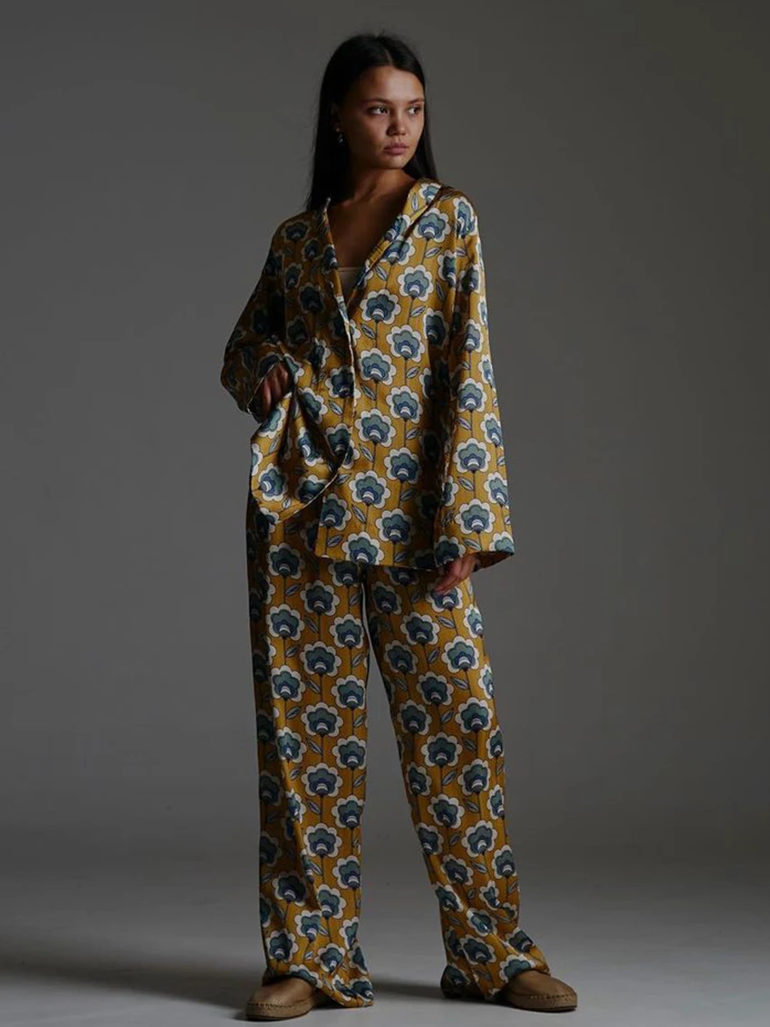Fashion Ladies Nightwear Set Long Sleeve Nightgowns Sexy Turn-Down Collar Sleepwear Pants Causal Female Pajamas Suits